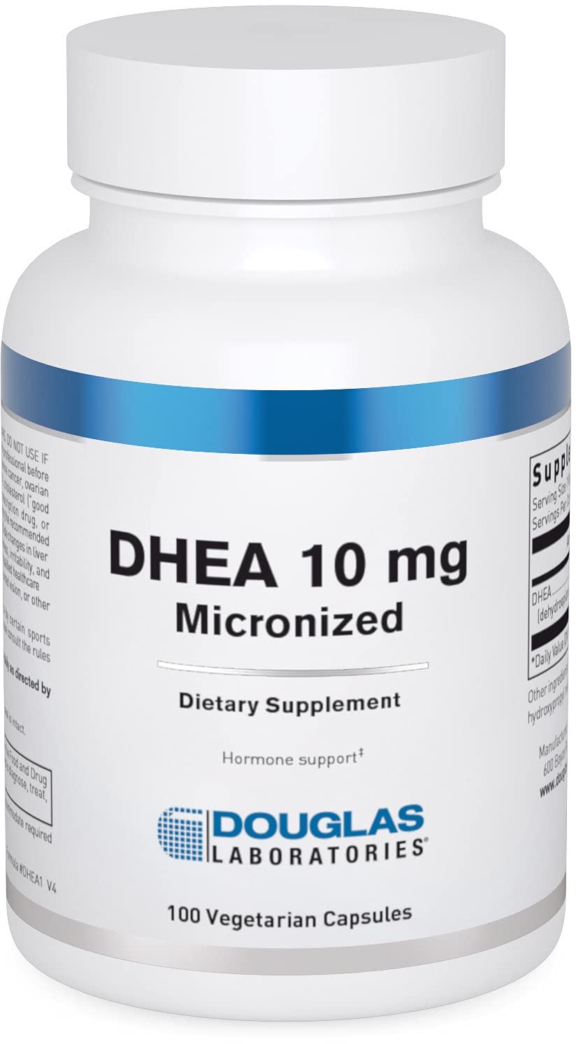 Douglas Laboratories DHEA 10 mg capsules bottle ready for daily hormone balance support.
