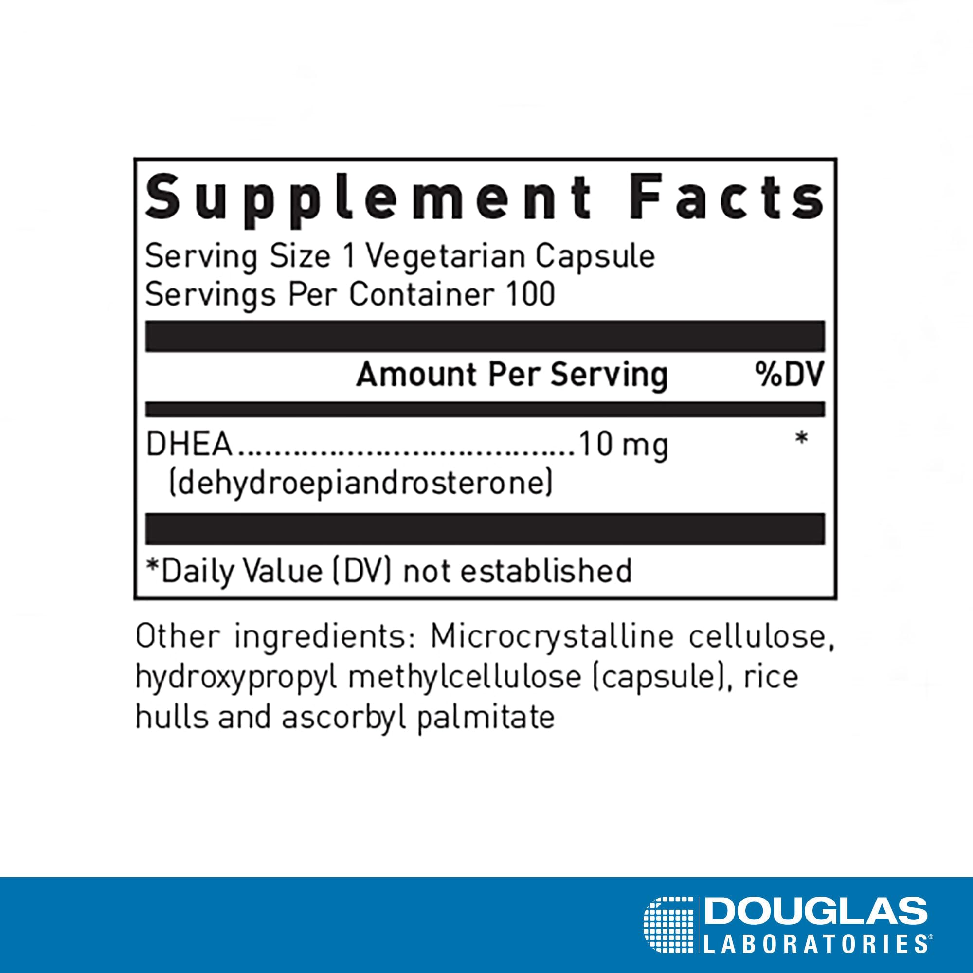 Douglas Laboratories DHEA 10 mg capsules micronized close-up for faster absorption.