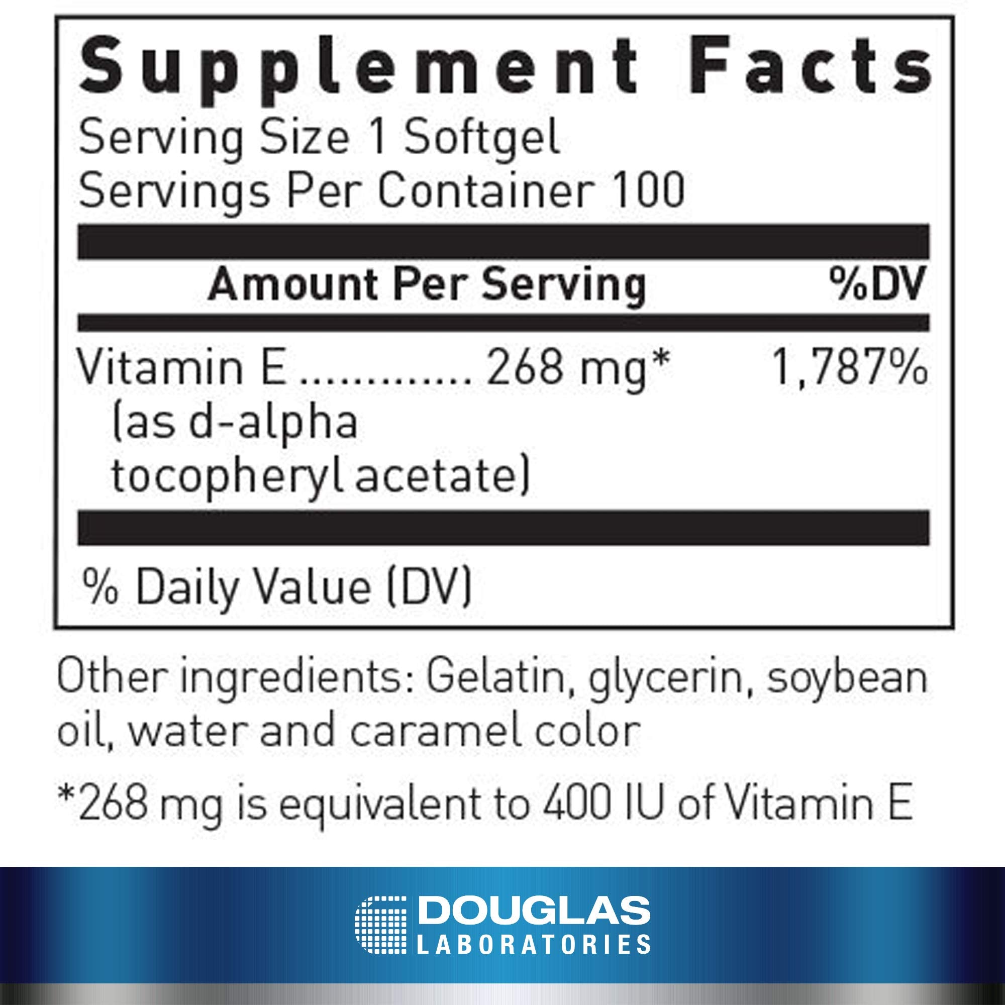 Douglas Laboratories E-400 bottle back label highlights GMO-free ingredients.