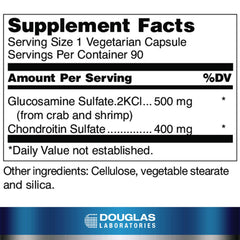 Douglas Laboratories Glucosamine Plus Extra Strength bottle back detailing ingredients and directions.