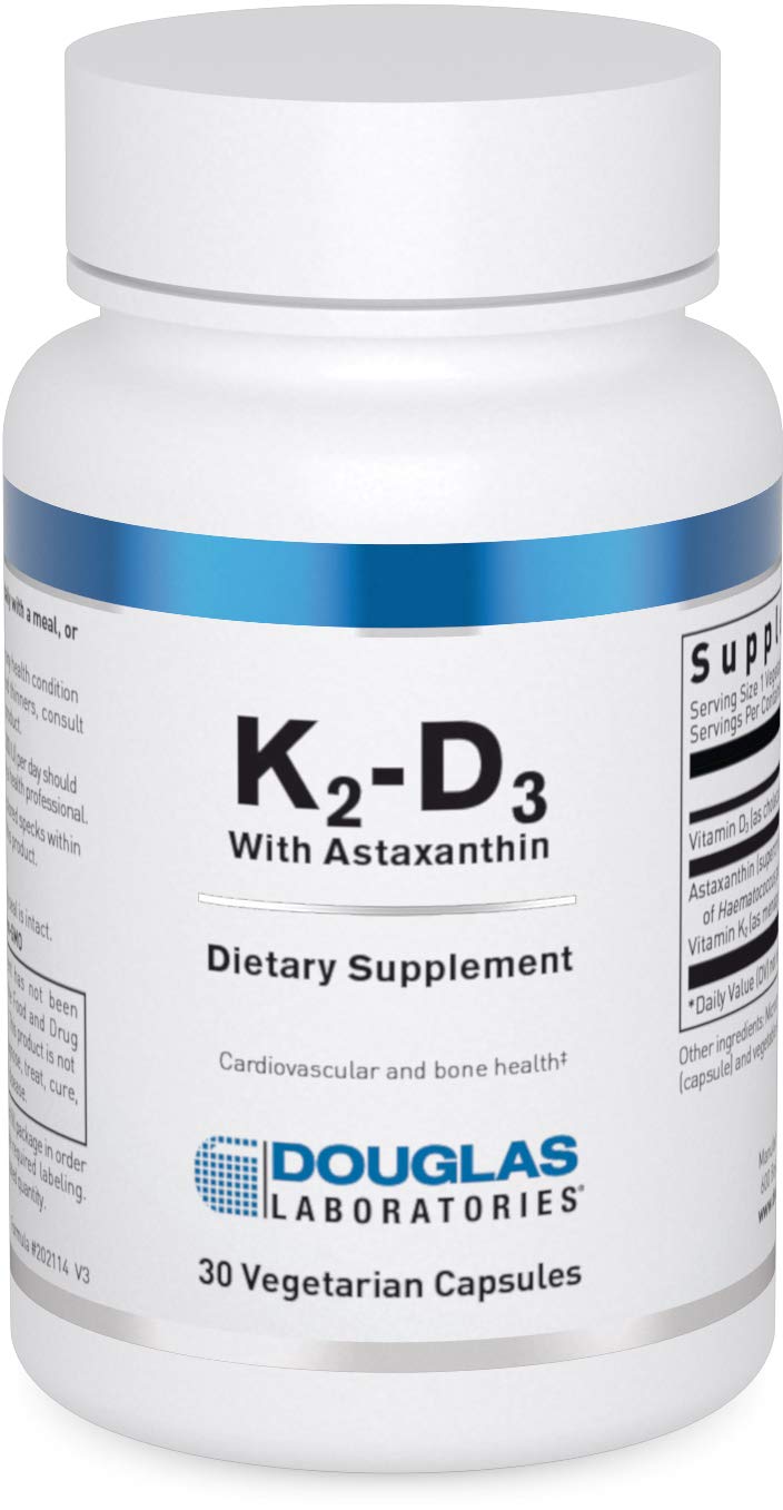 Douglas Laboratories K2-D3 with Astaxanthin bottle front view showing supplement packaging for bone and vascular health.