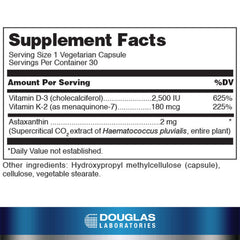Douglas Laboratories K2-D3 capsules close-up highlighting vegetarian capsules and astaxanthin content for antioxidant support.