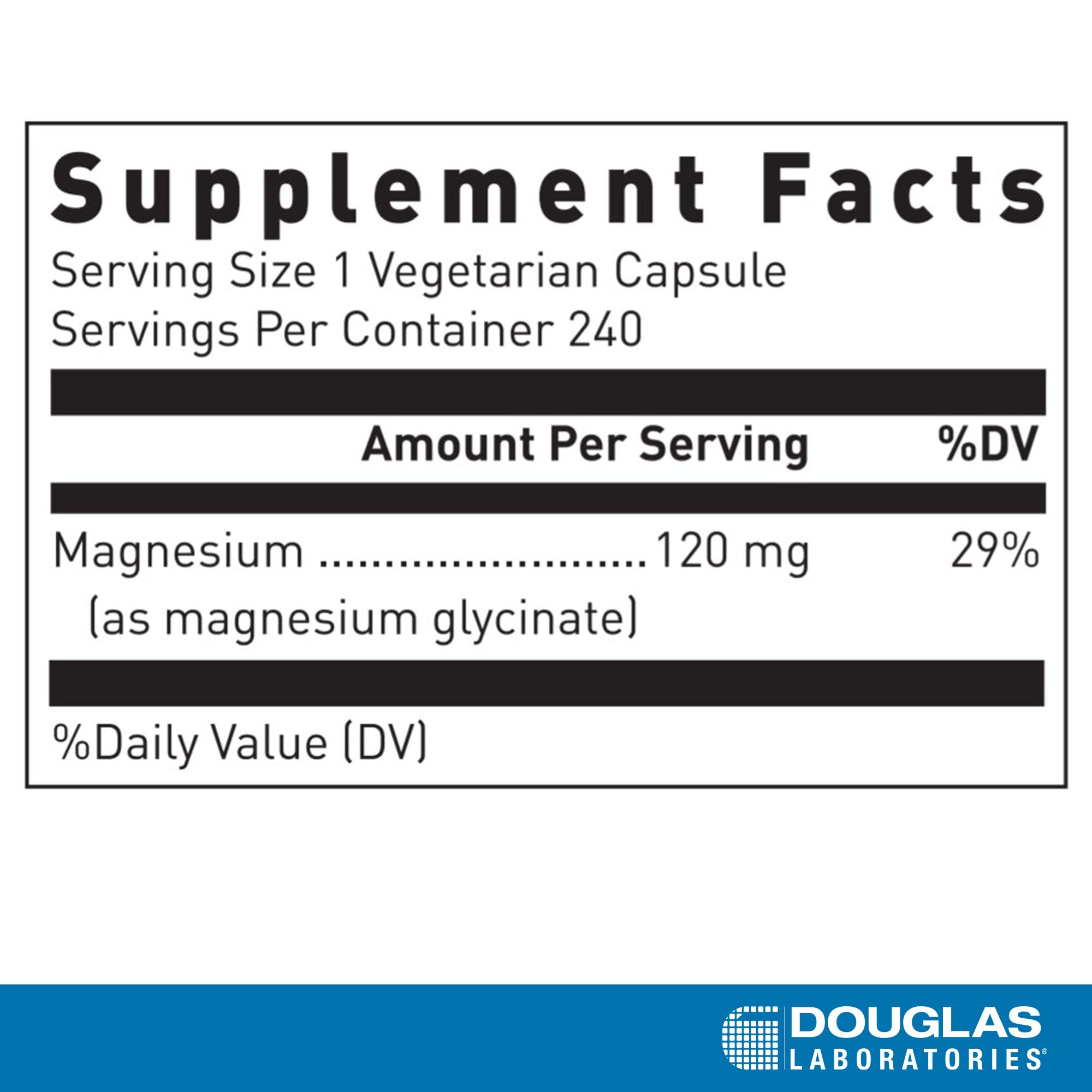 Douglas Laboratories Magnesium Glycinate bottle back label shows dosage and quality.