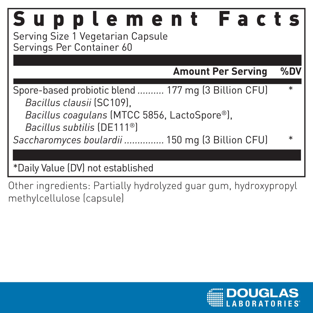 Capsules of Douglas Laboratories probiotic blend highlighting stability and GI benefits