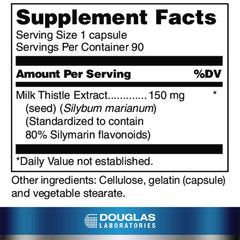Douglas Laboratories Silymarin capsules bottle label highlights 150 mg milk thistle extract.