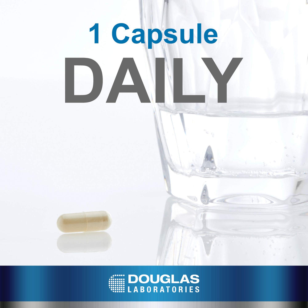 Close-up of Douglas Laboratories Silymarin capsules emphasizes easy daily dosing.