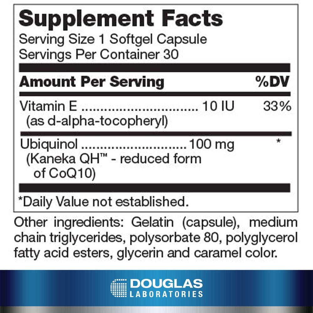 Douglas Laboratories Ubiquinol-QH bottle label close-up highlighting product details.