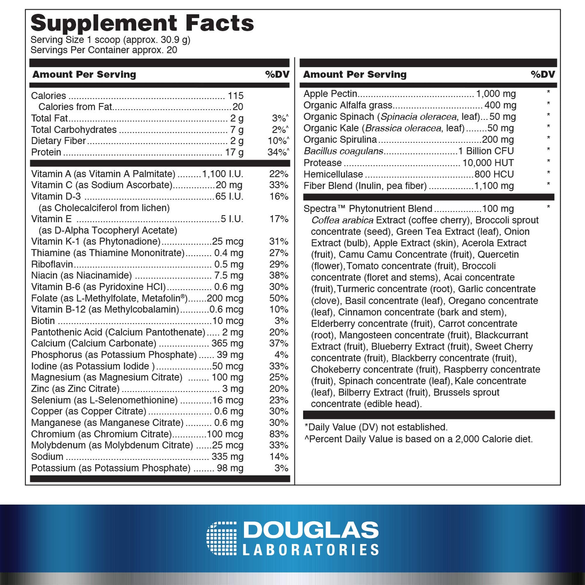 Douglas Laboratories Ultra Protein Green vanilla bottle with pour, smooth mix.