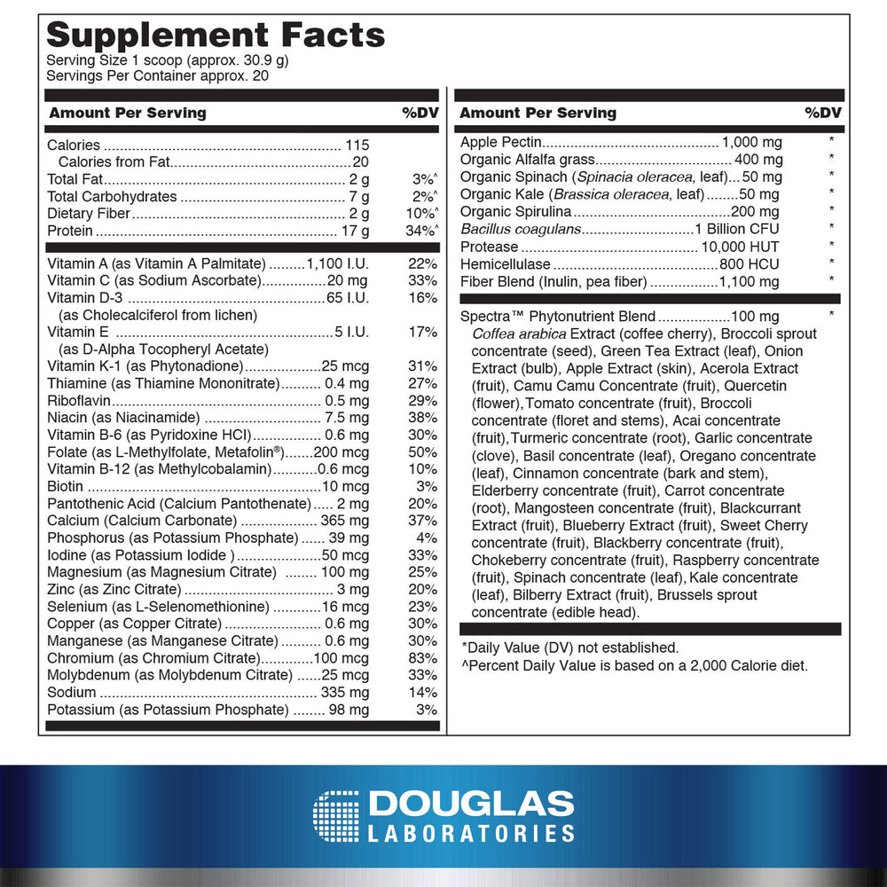 Douglas Laboratories Ultra Protein Green vanilla bottle with pour, smooth mix.