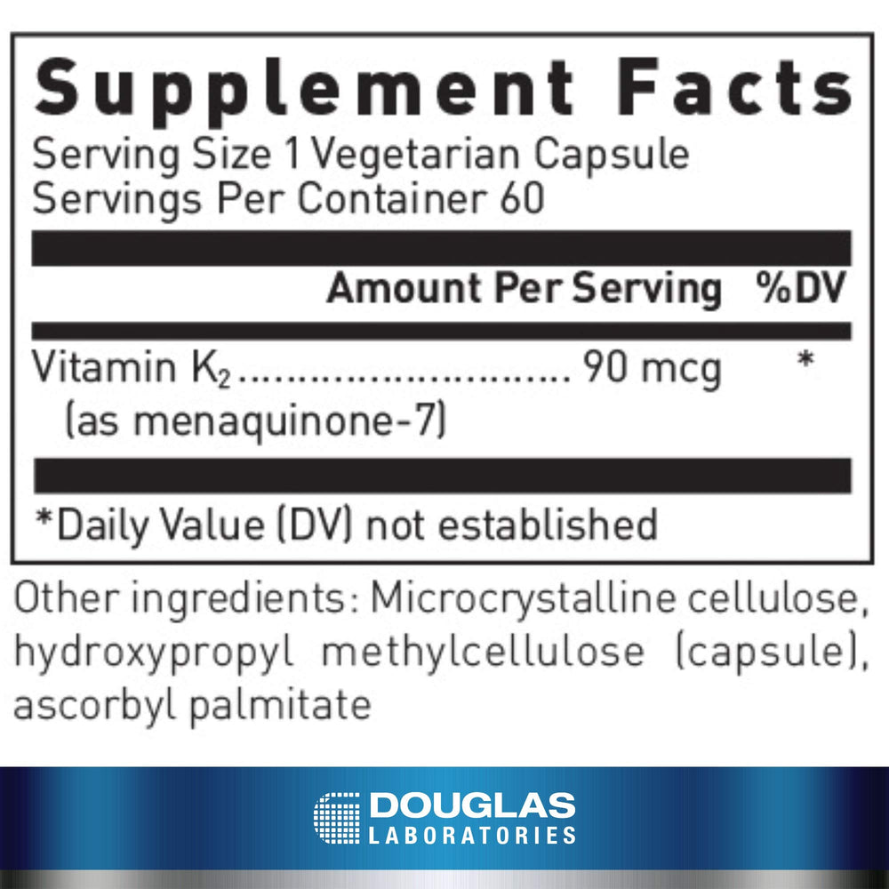 Douglas Laboratories Vitamin K2 MK-7 capsules on white surface indicating calcium utilization