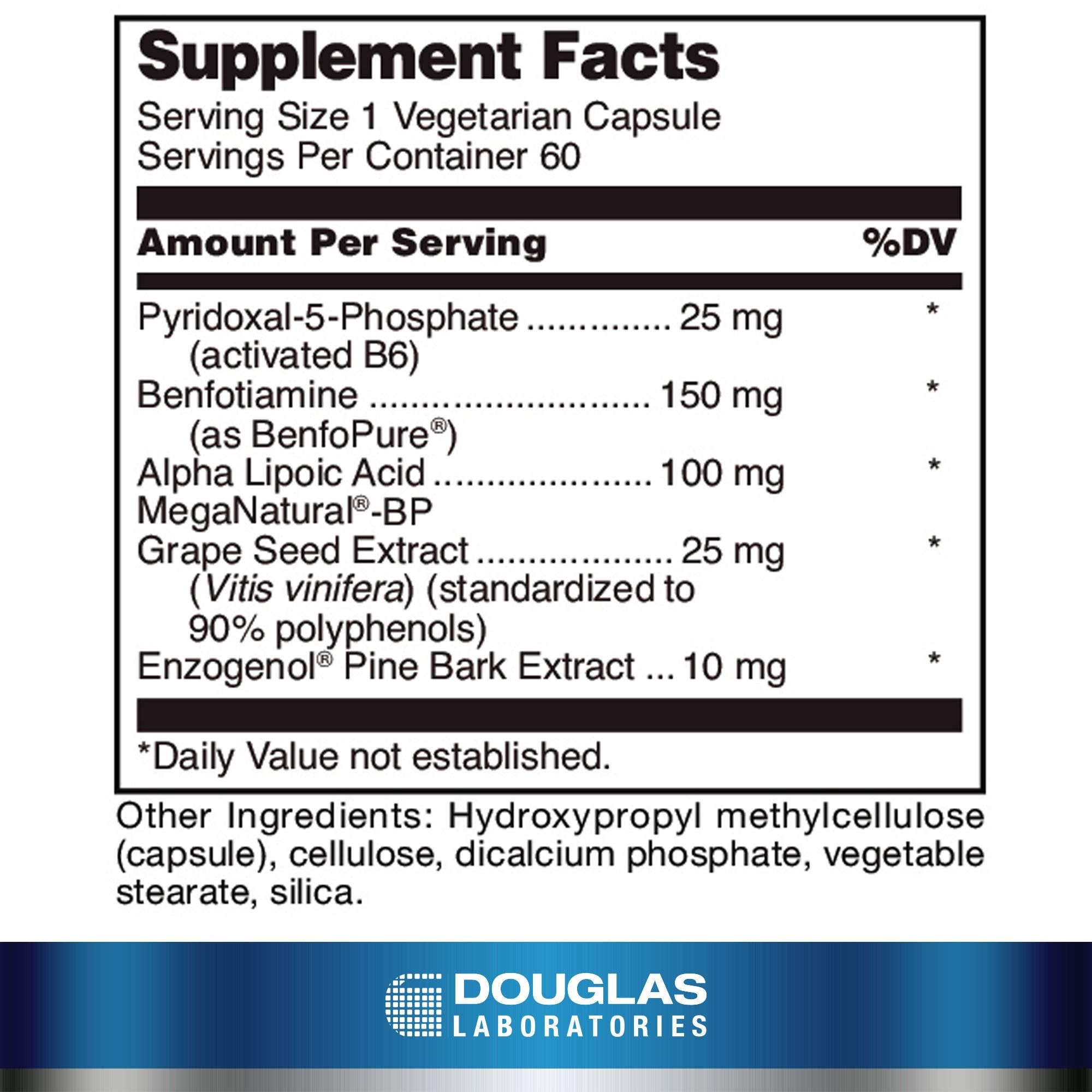 Douglas Laboratories Ultra Benfotiamine bottle back label shows ingredients for nervous system support