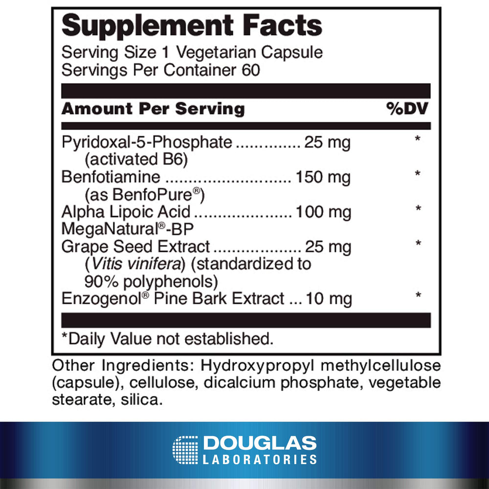 Douglas Laboratories Ultra Benfotiamine bottle back label shows ingredients for nervous system support