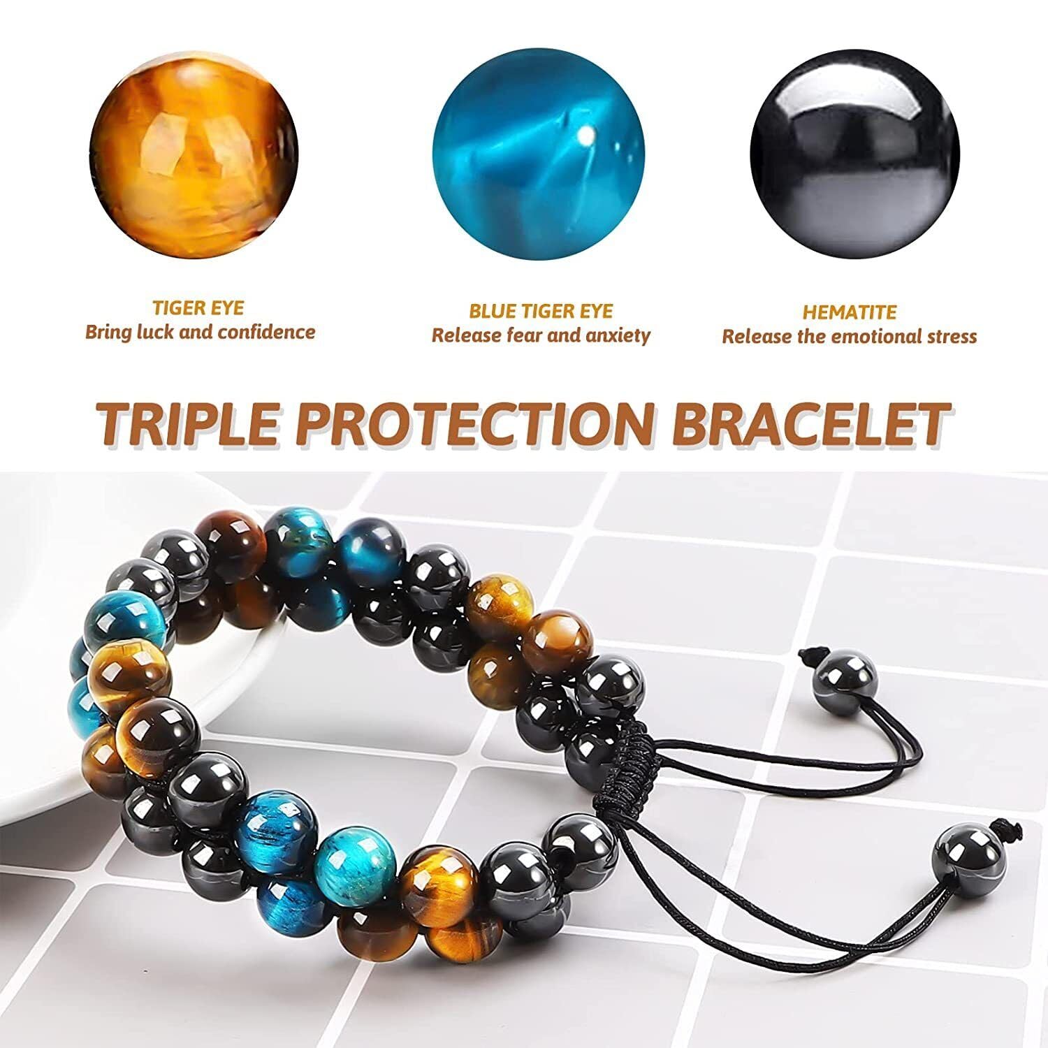 DOUVEI tiger eye bead close-up on a stylish bracelet