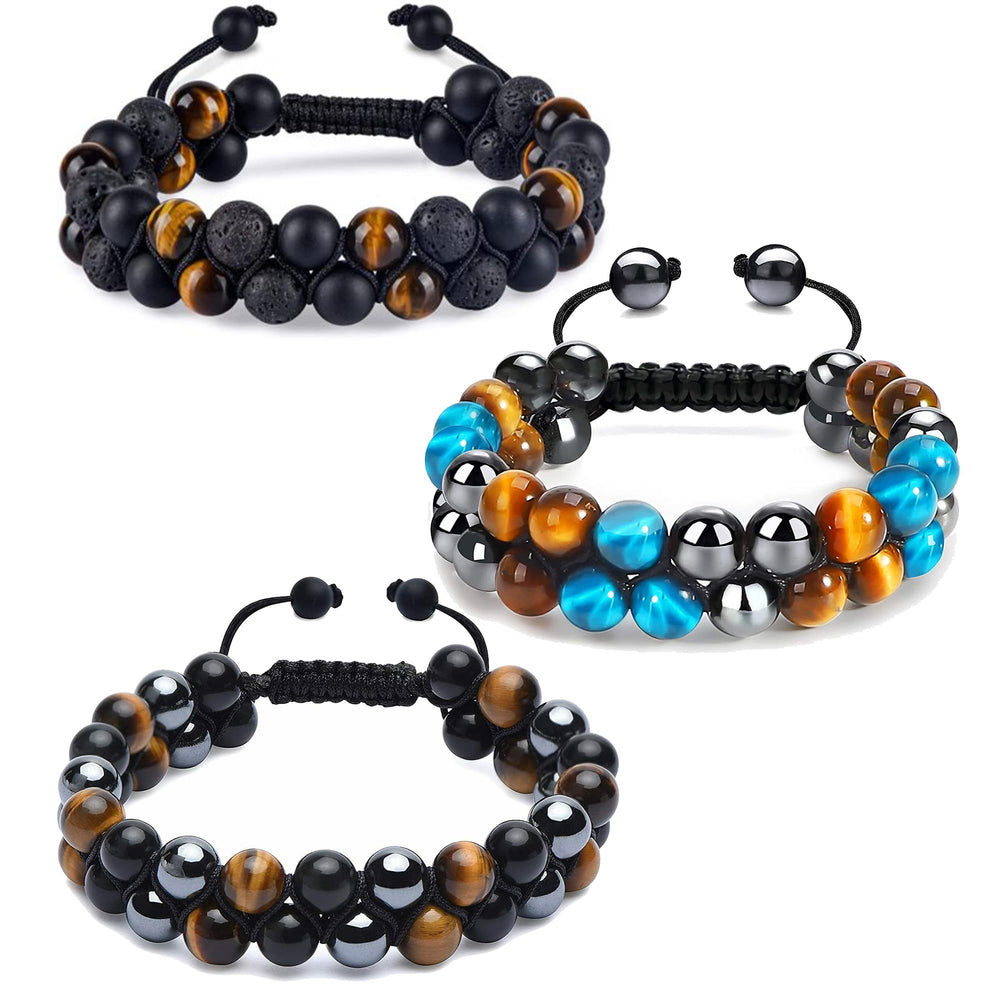 DOUVEI tiger eye and lava rock beads on a bold unisex bracelet for everyday wear