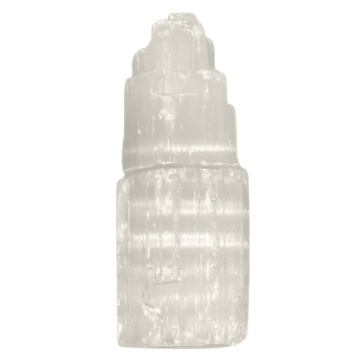 Down to Earth Selenite Iceberg Tower close-up showing pure glow for calm spaces