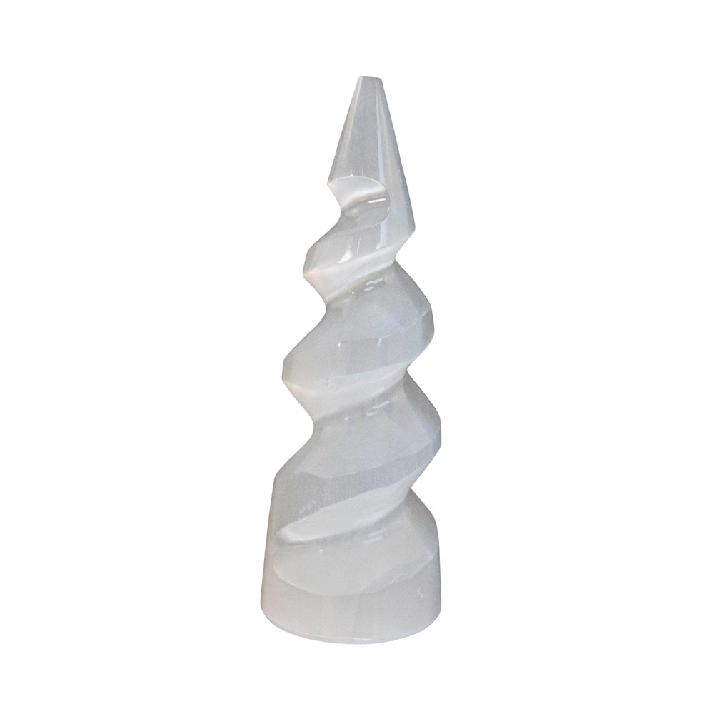 Down to Earth Selenite Iceberg Tower closeup for energy cleansing and calm ambience.