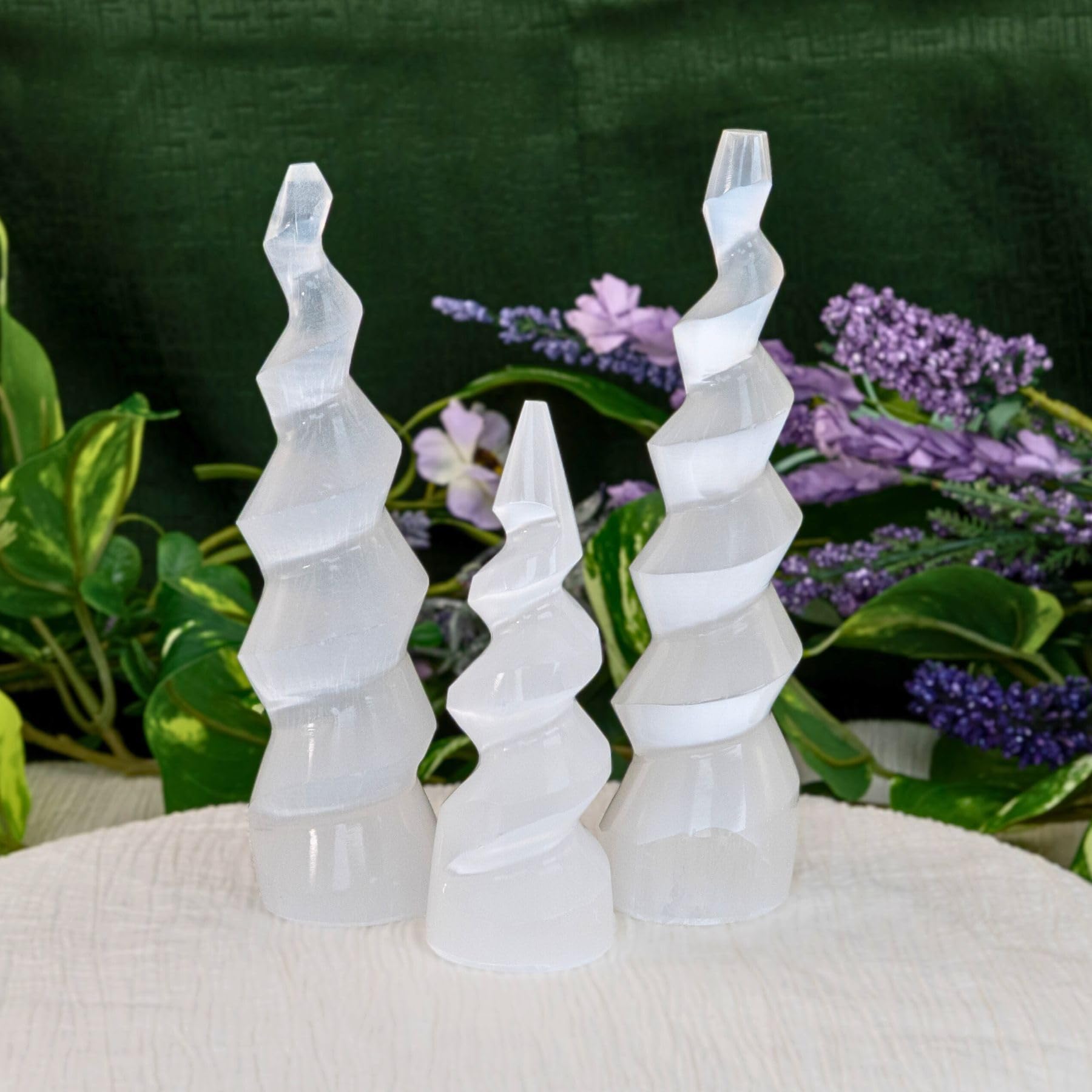 Down to Earth Selenite Iceberg Tower in room, ideal for meditation and serene space.