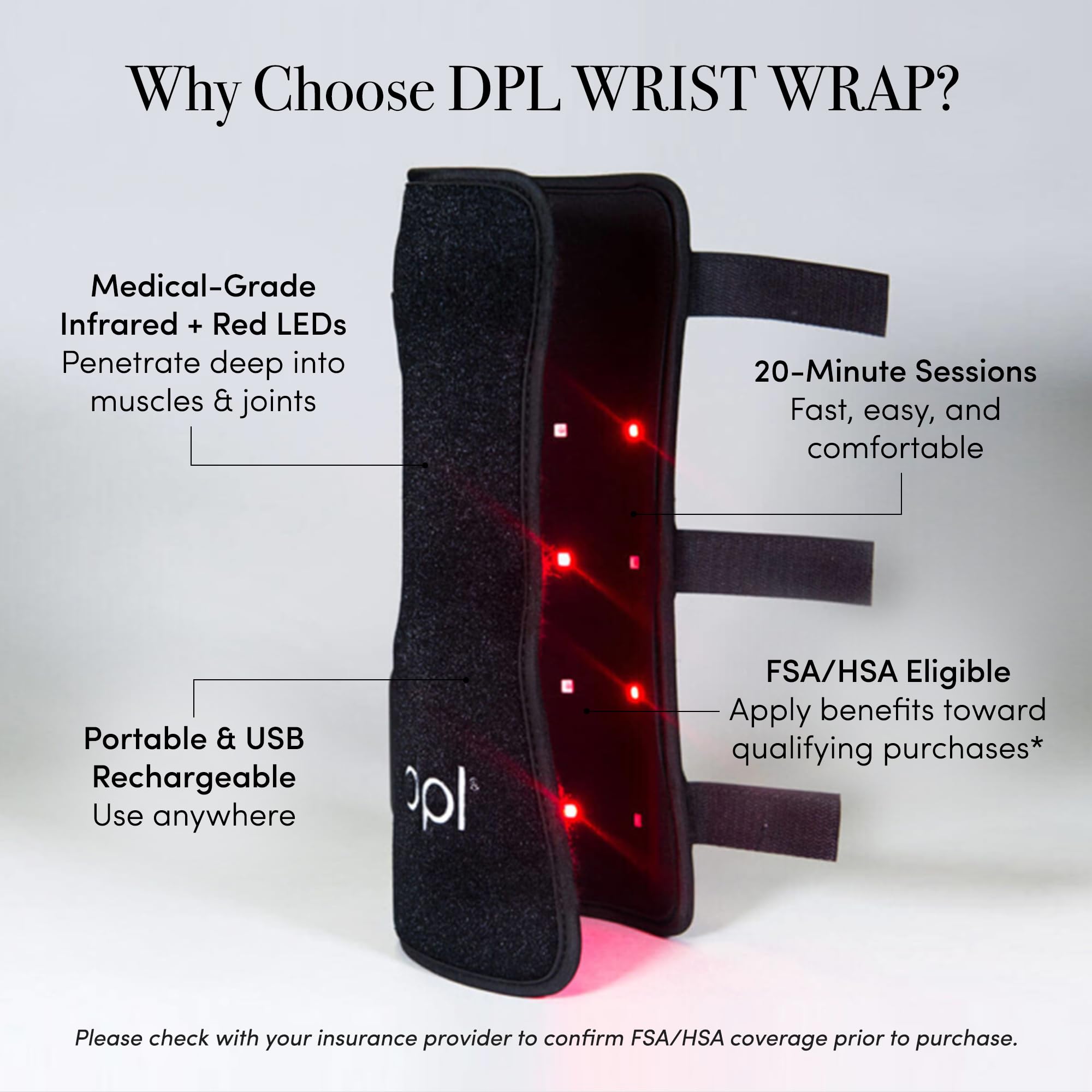 DPL with 12 red and 12 infrared LEDs delivers targeted light exposure to the wrist.