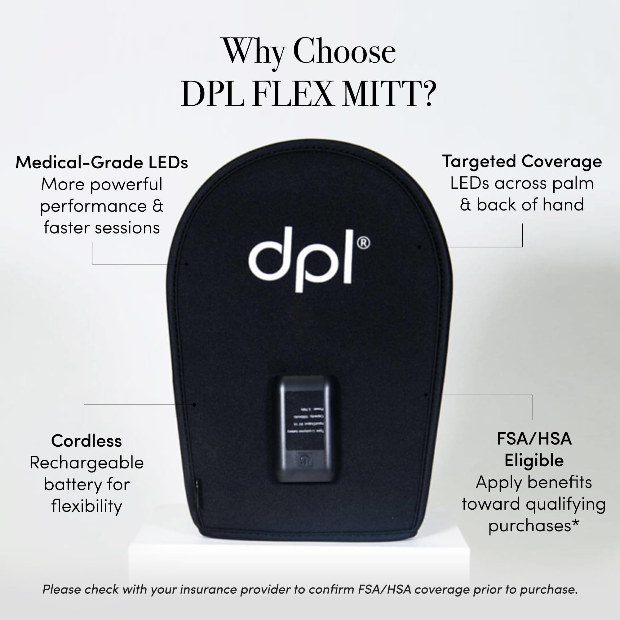 Cordless design of dpl Flex Mitt with USB-C recharge for easy portable therapy sessions.