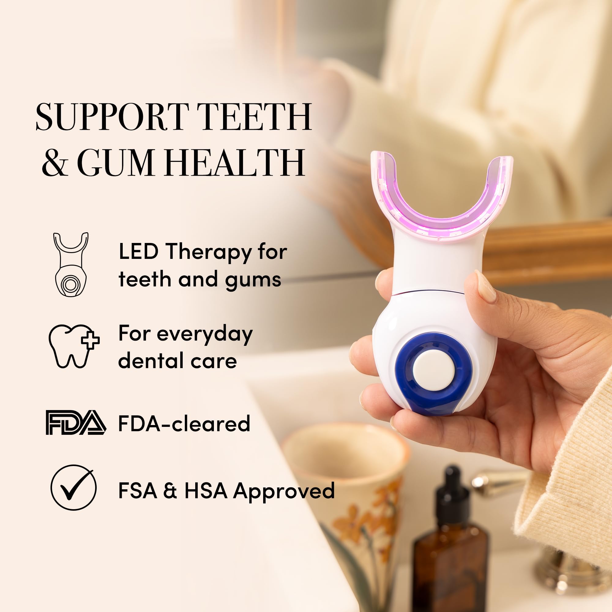 dpl Oral Care LED Light Therapy blue light directed at teeth during whitening