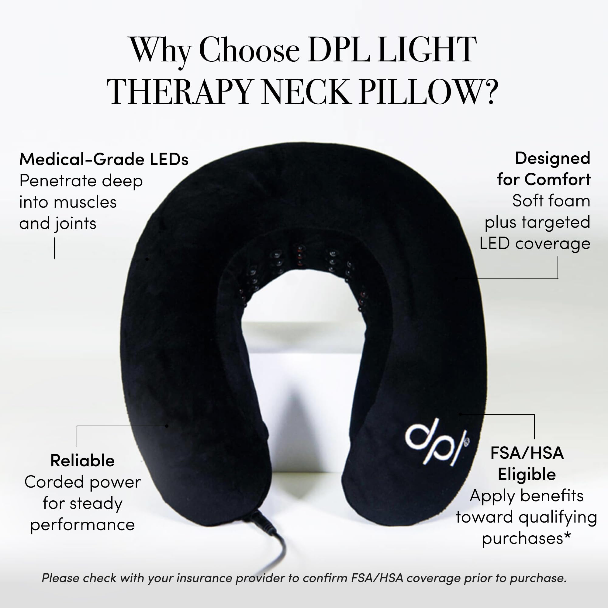 The dpl red light neck pillow features black ergonomic foam supporting neck comfort during long commutes.