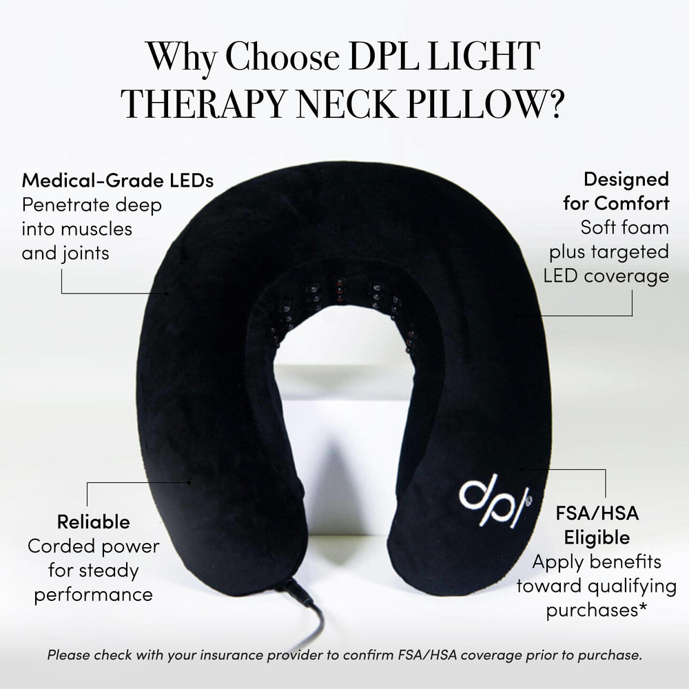 The dpl red light neck pillow features black ergonomic foam supporting neck comfort during long commutes.