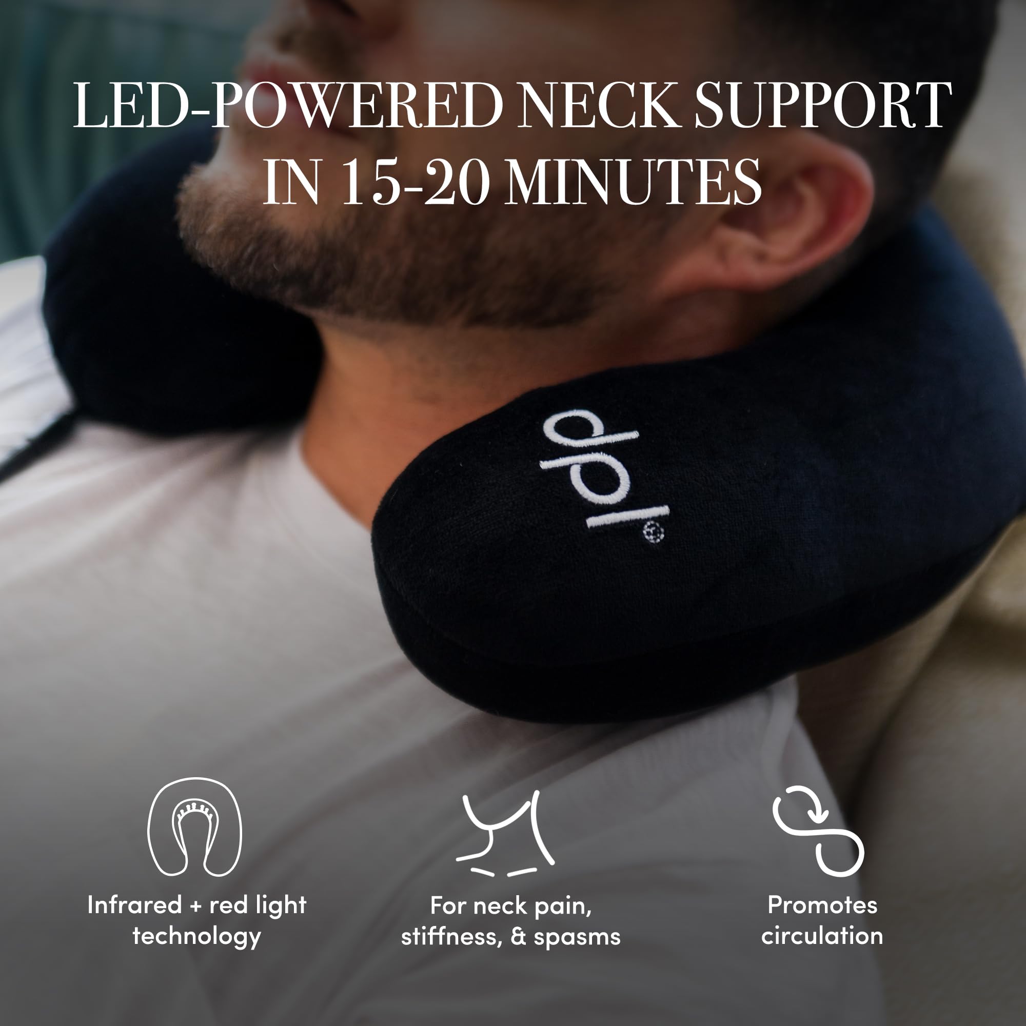 The dpl red light neck pillow highlights LED lights for soothing neck warmth on the go.