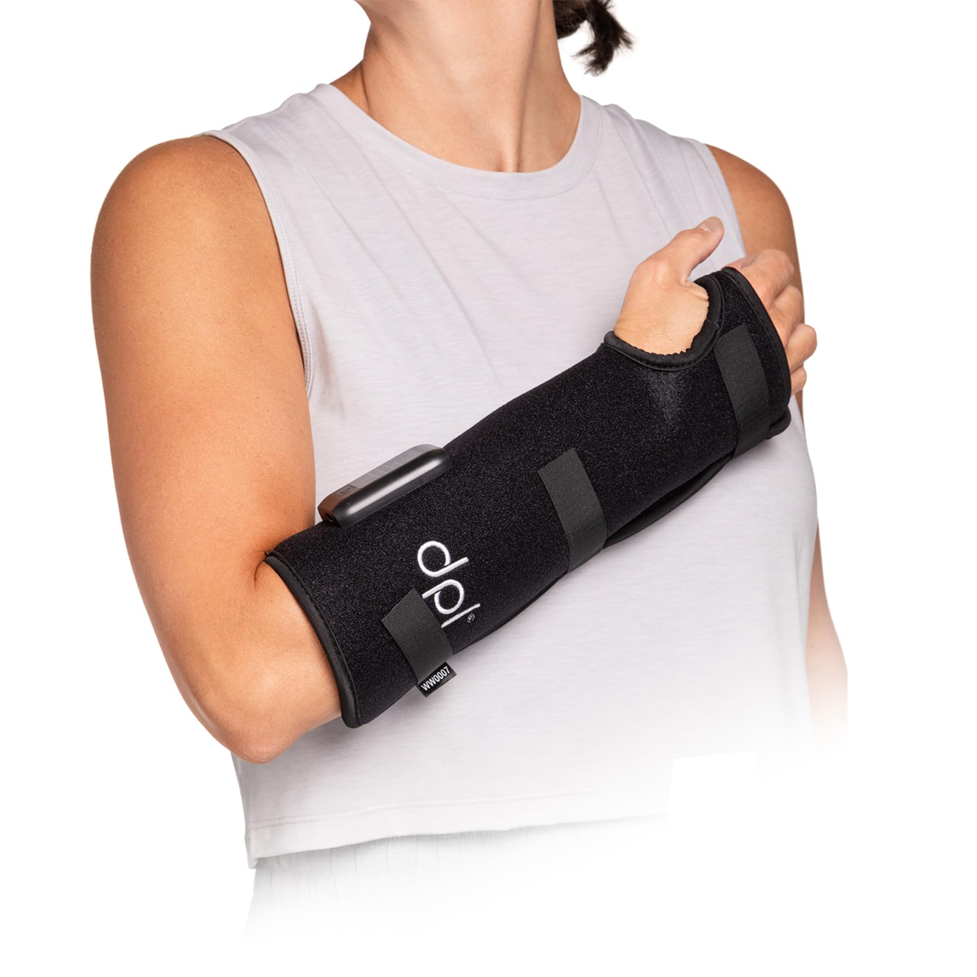 DPL Red Light Therapy Flex Wrap on wrist with adjustable closure for comfort.