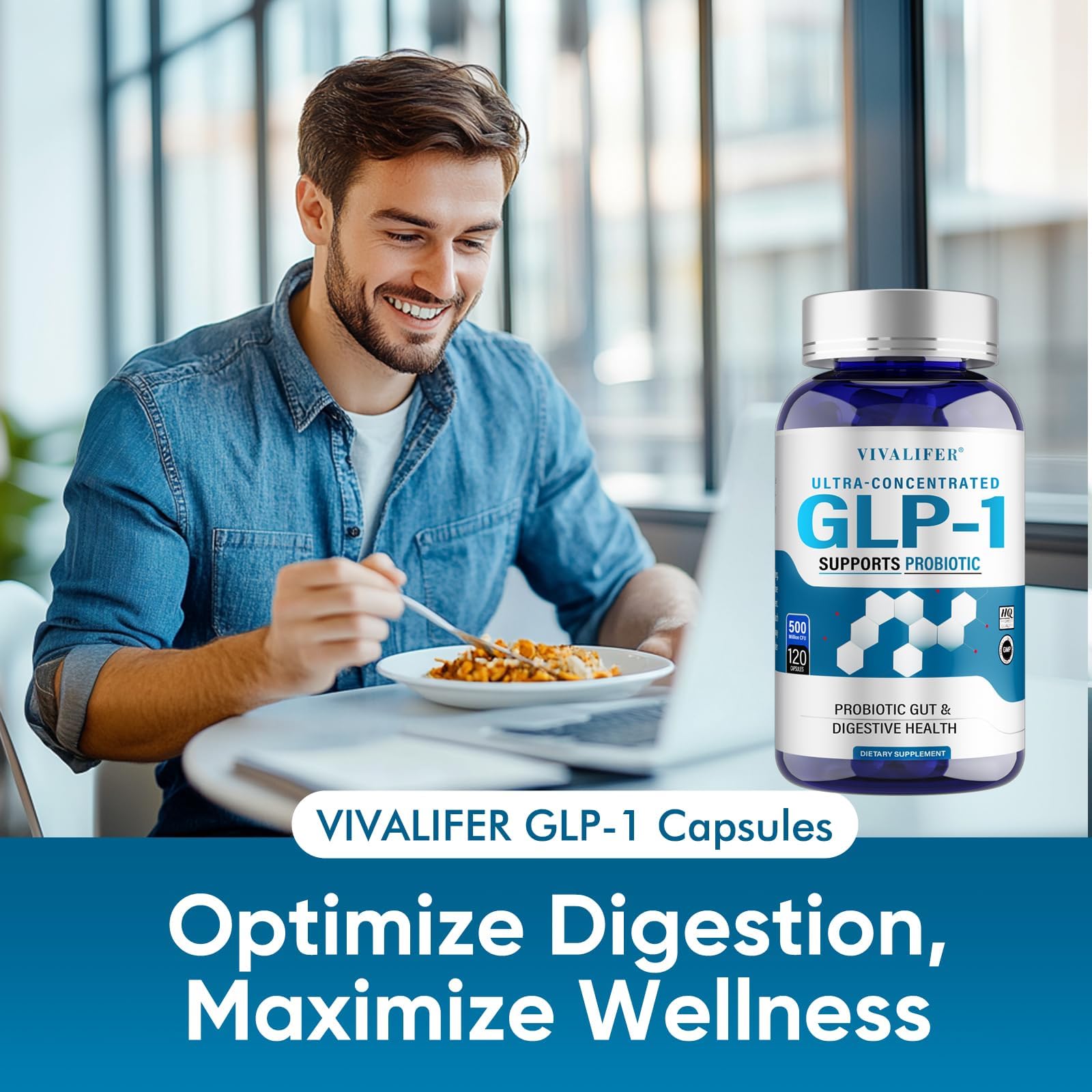 DQQI GLP-1 Booster capsules close-up showing high-strength probiotic.