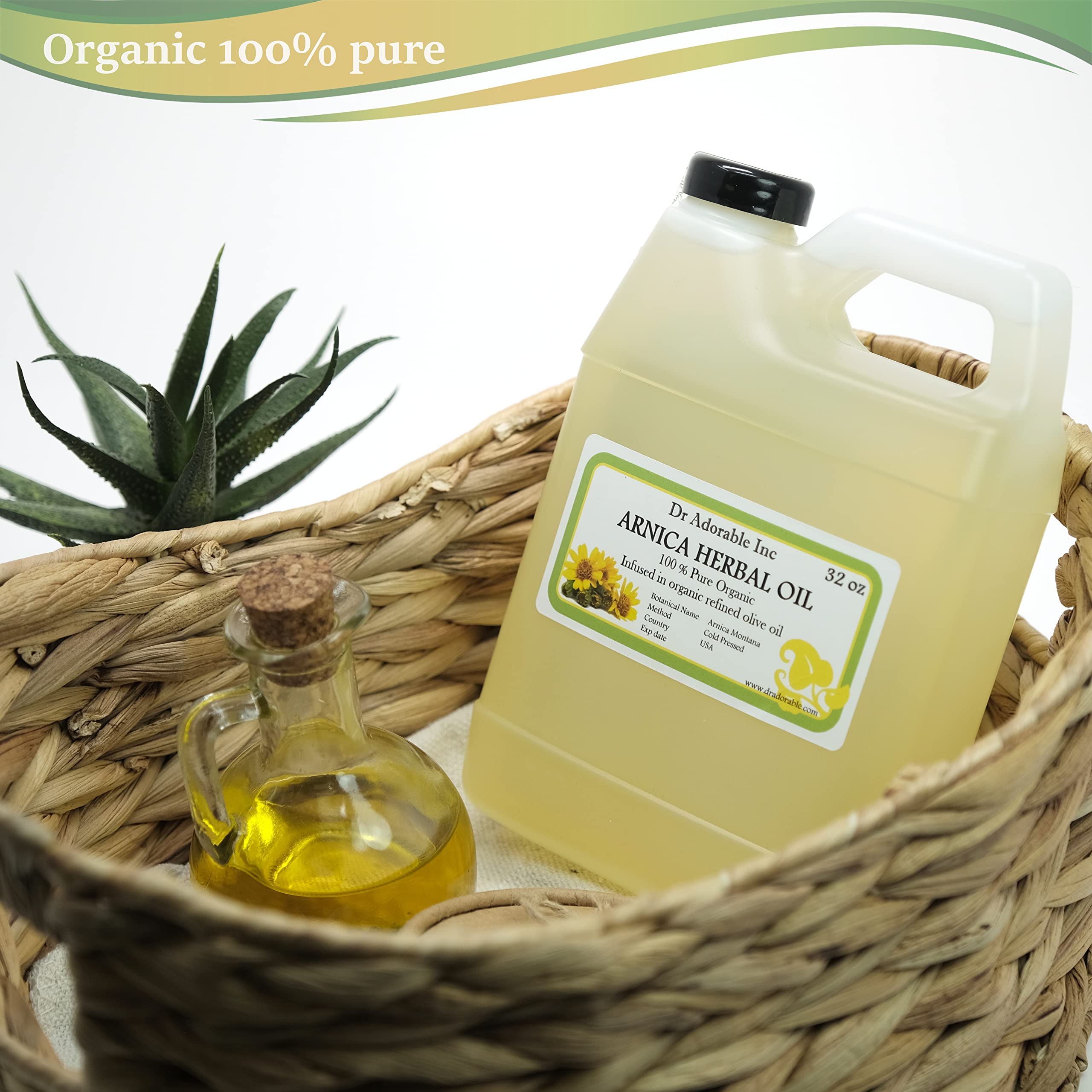 Dr Adorable Arnica oil packaging shows 100% pure infused formula for hair nourishment.
