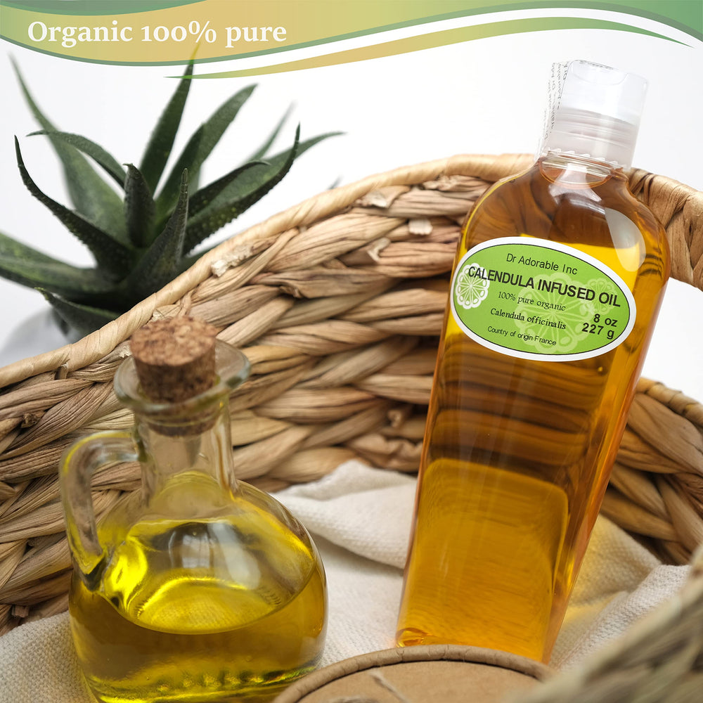 Dr Adorable Calendula oil bottle back label highlights organic origins and ingredients.