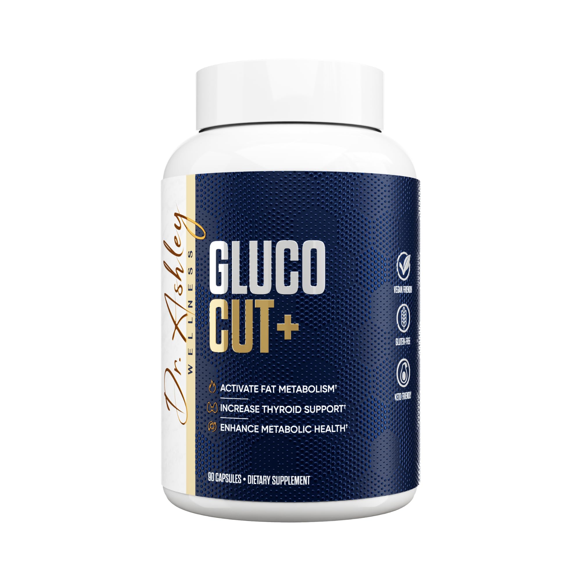 Dr. Ashley Wellness GlucoCut+ front bottle for daily metabolic support