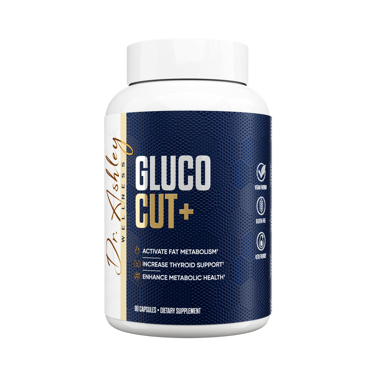 Dr. Ashley Wellness GlucoCut+ front bottle for daily metabolic support