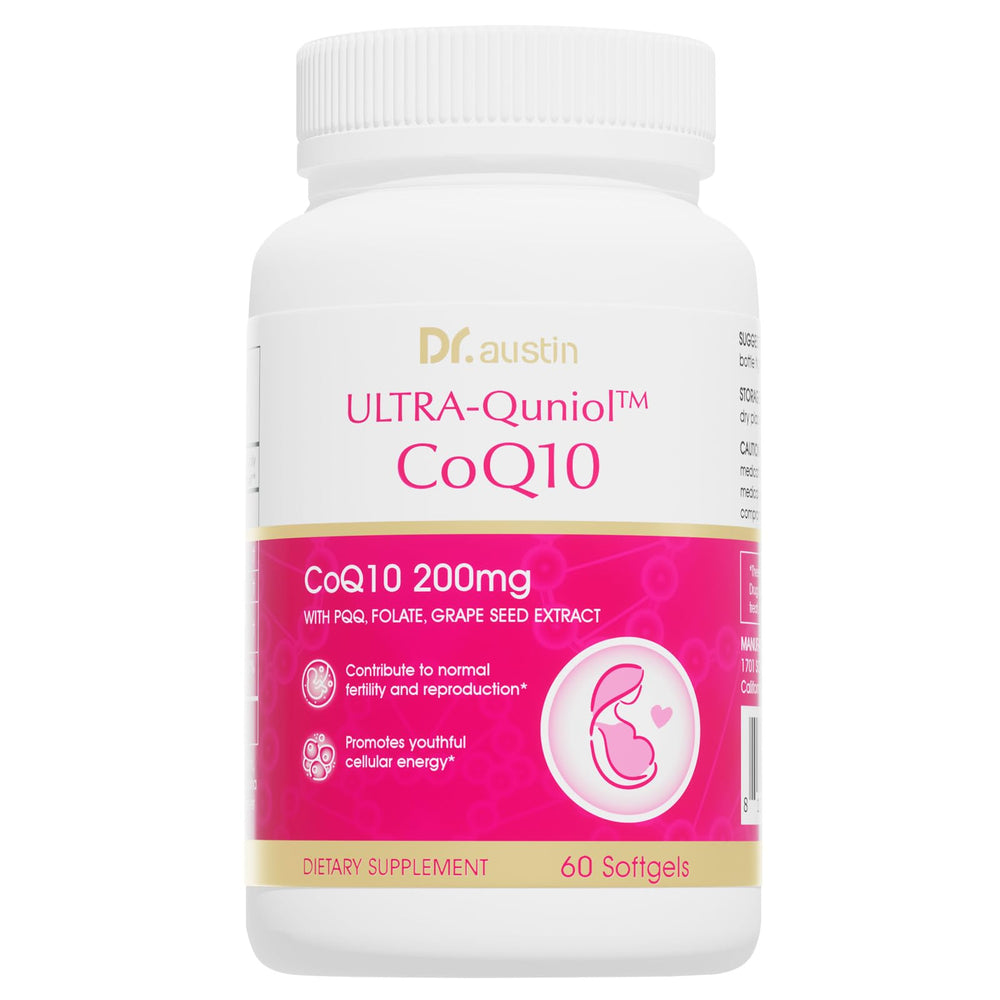 DR.AUSTIN Coenzyme Q10 bottle with softgels for enhanced absorption.