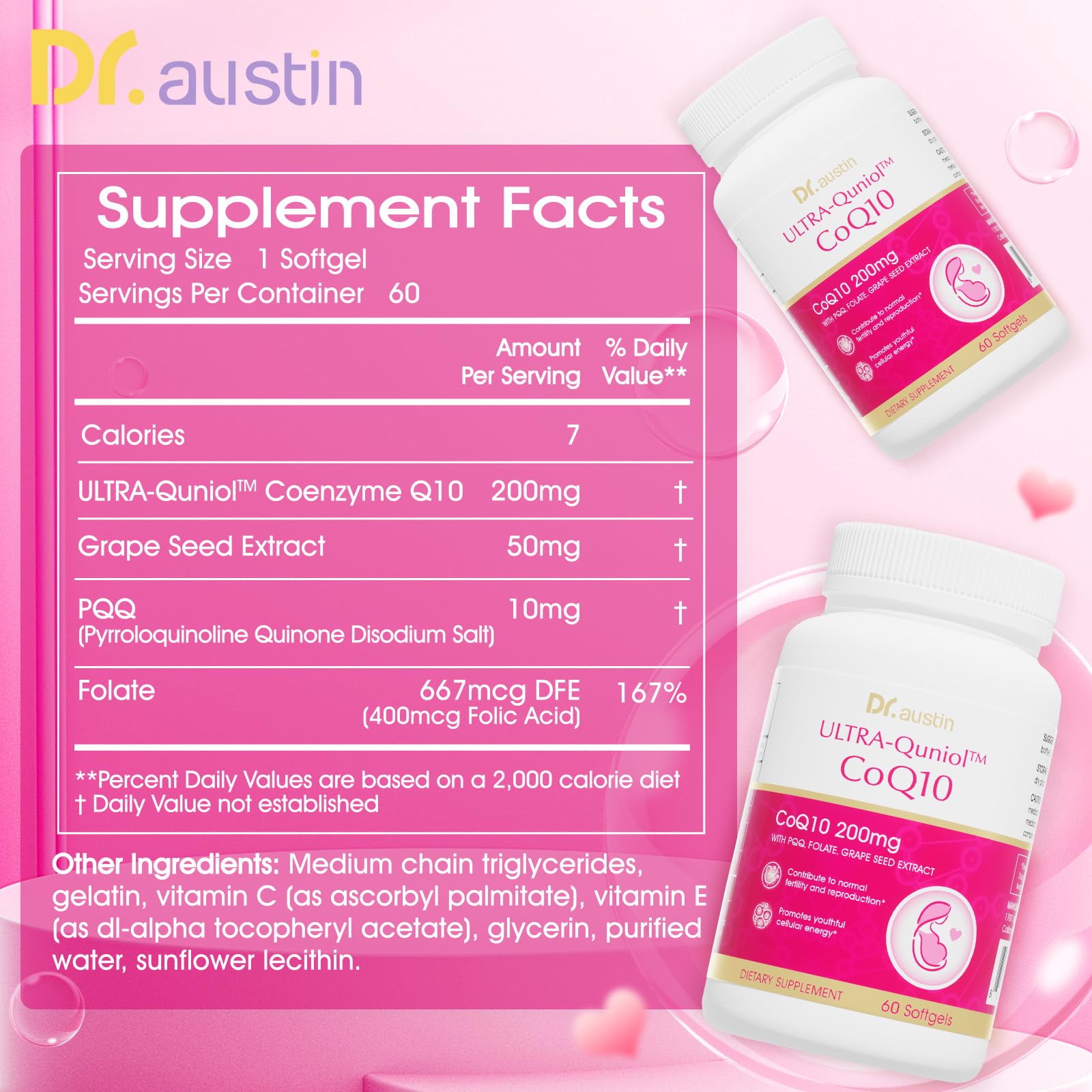 DR.AUSTIN CoQ10 softgel capsule close-up highlighting ubiquinol content.