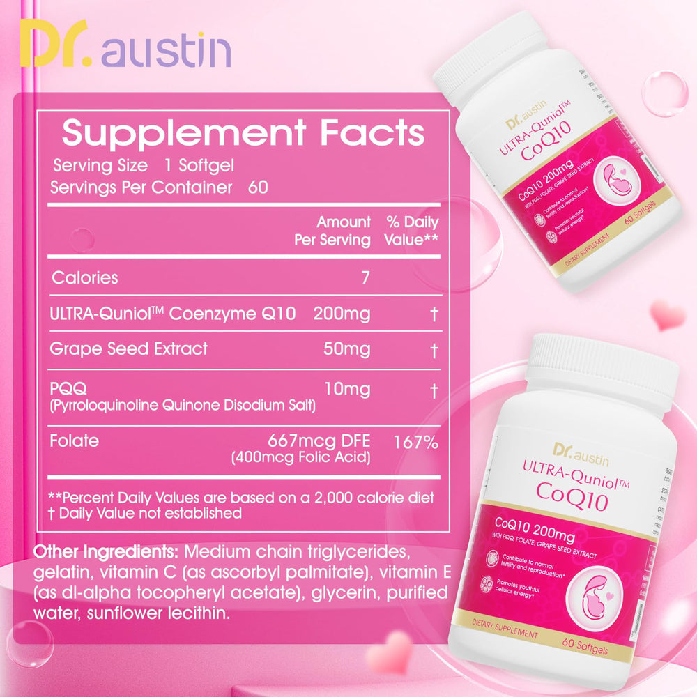 DR.AUSTIN CoQ10 softgel capsule close-up highlighting ubiquinol content.
