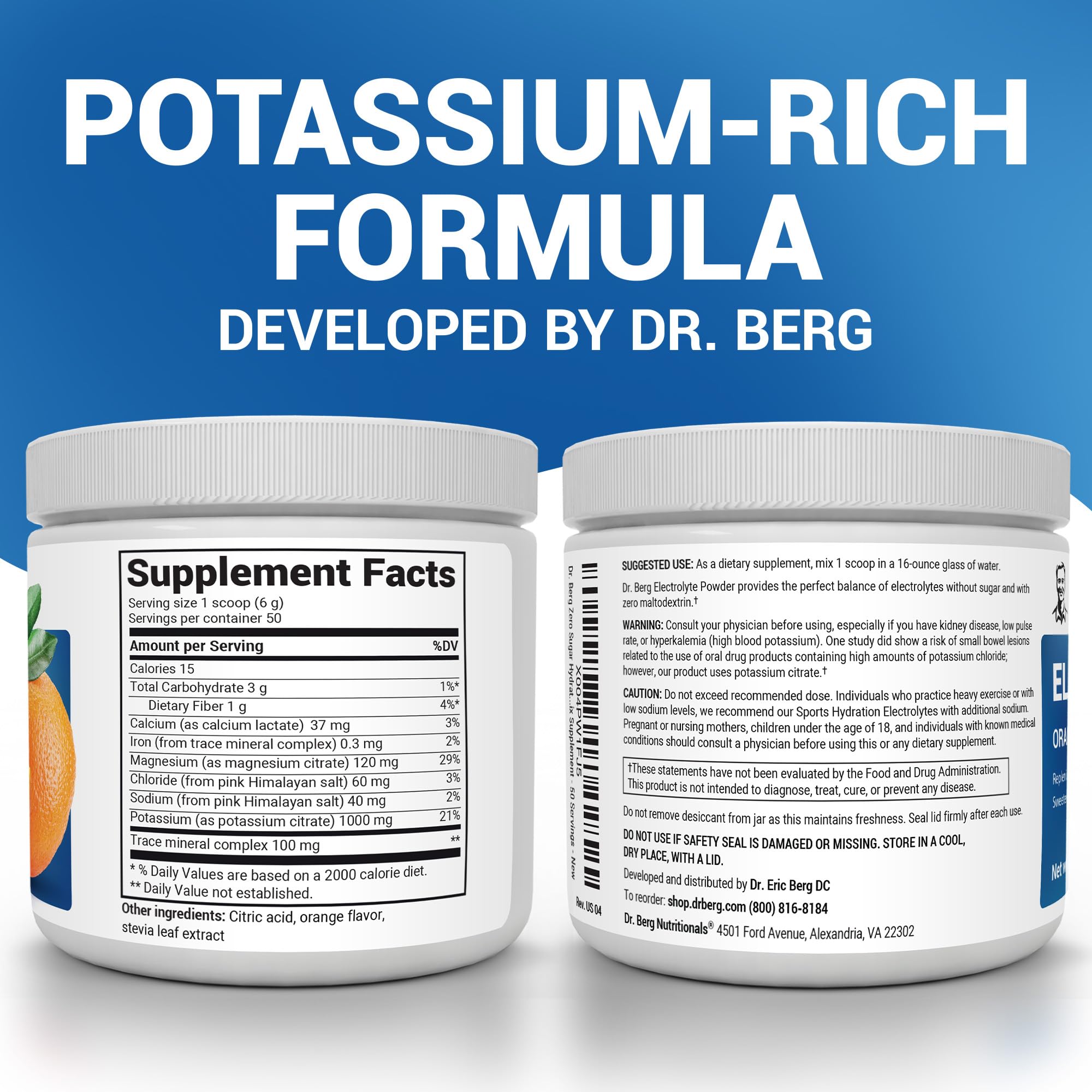 Dr. Berg electrolyte powder scoop shows 1000 mg potassium for hydration