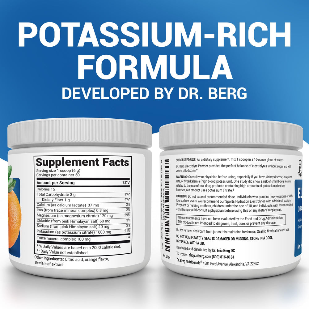 Dr. Berg electrolyte powder scoop shows 1000 mg potassium for hydration