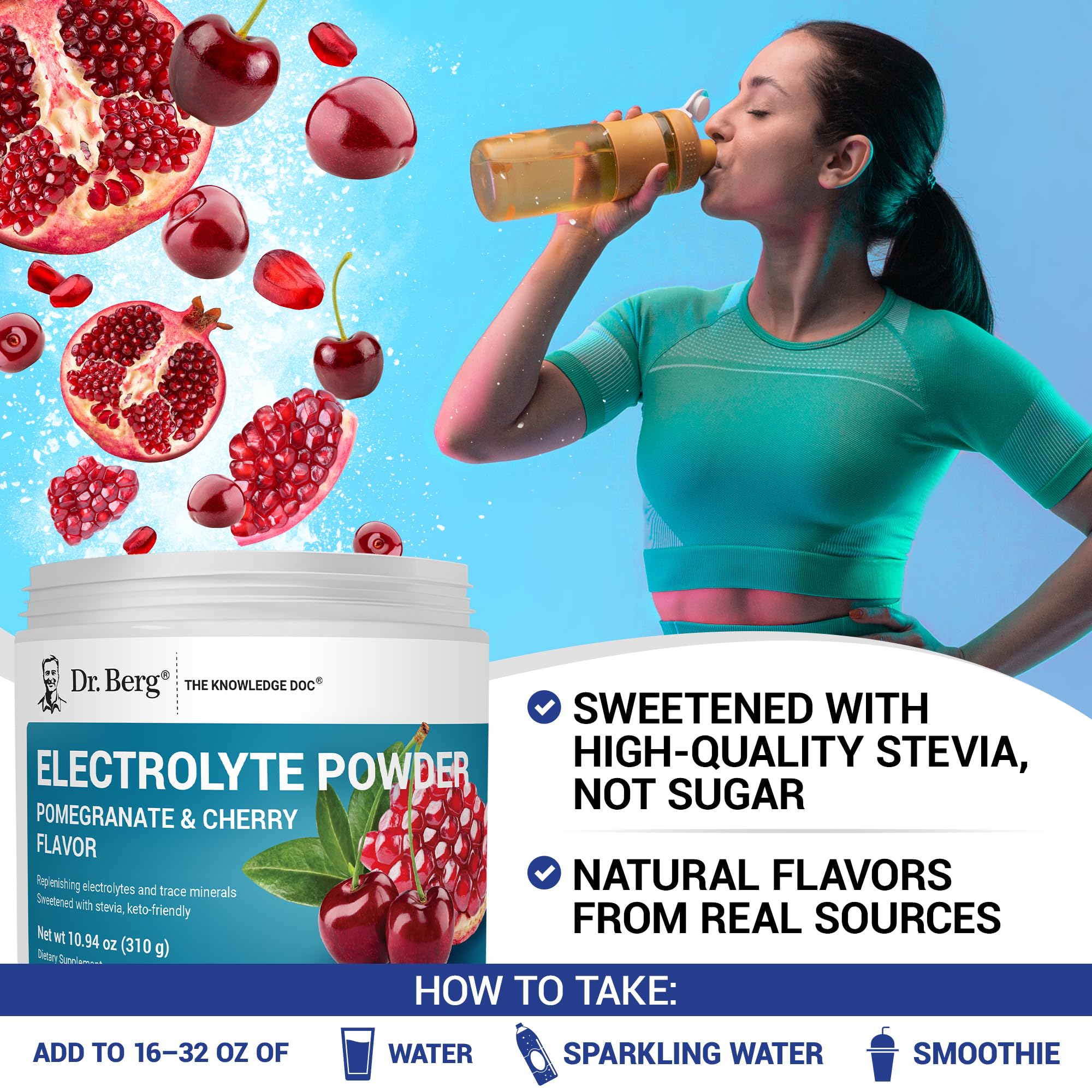 Packaging showing 50 servings of Dr. Berg Zero Sugar Hydration powder.