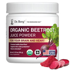Dr. Berg beet powder container with label, USDA Organic beetroot for daily energy.