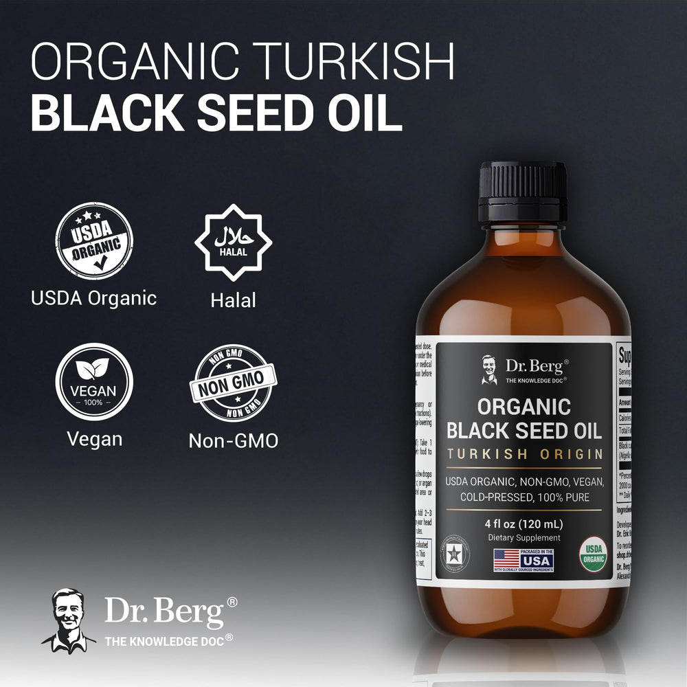 Dr. Berg Black Seed Oil being poured for easy dosage and servings