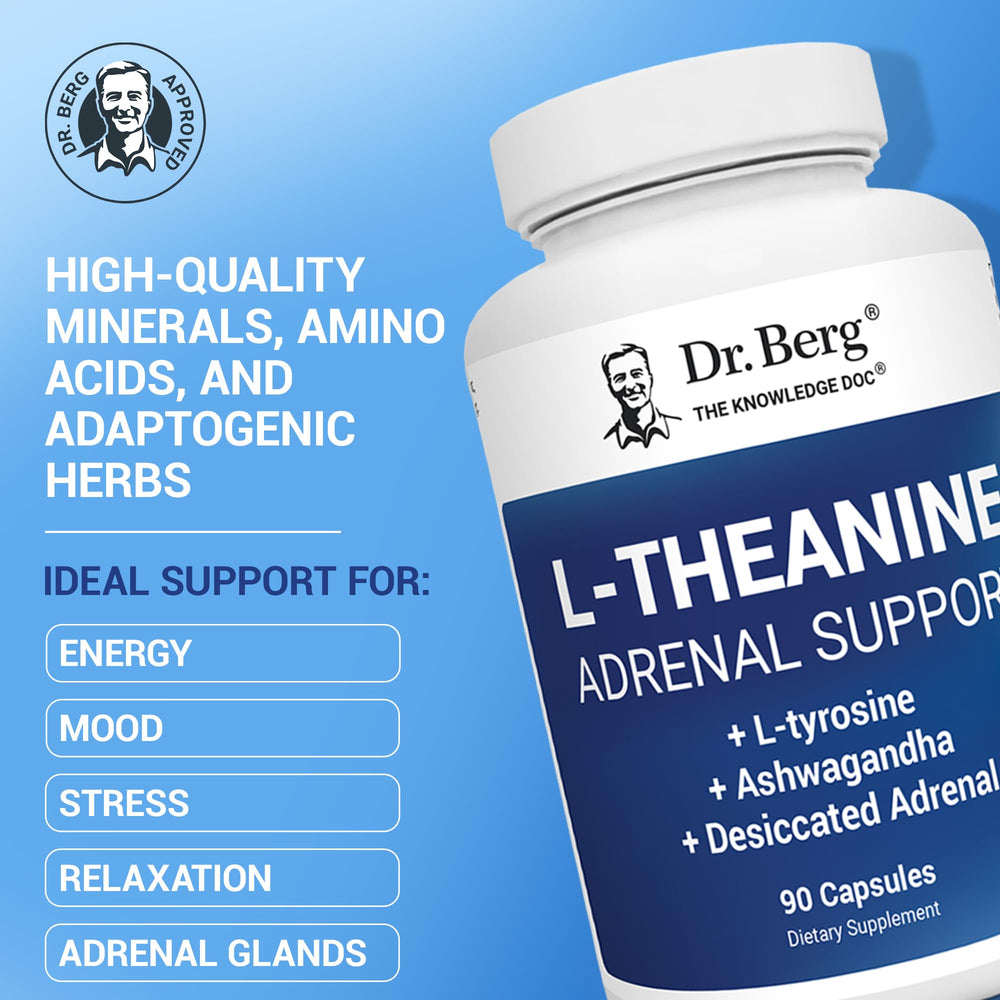 Close-up of Dr. Berg L-Theanine capsules designed for stress relief and mental clarity.