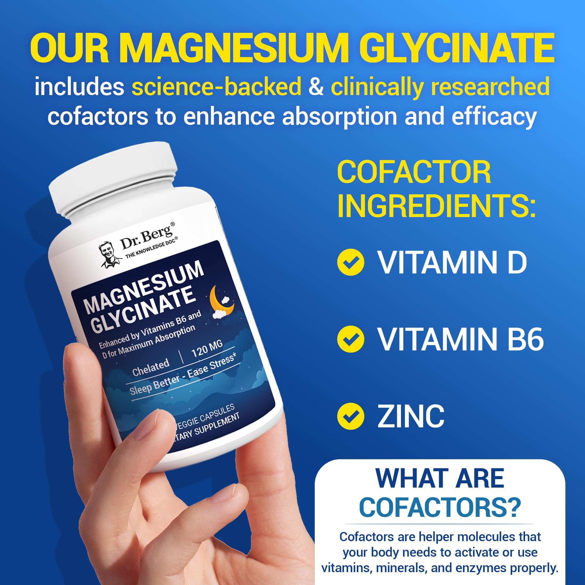Product label highlights four-in-one formula with magnesium, D3, B6, zinc