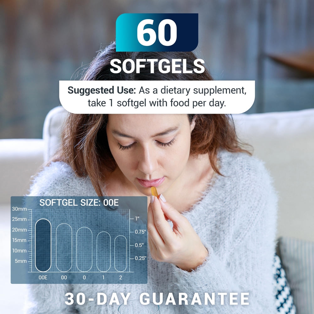 Bottle of 60 softgels supporting a monthly omega-3 routine.