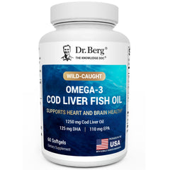 Dr. Berg Maximum Strength Omega-3 cod liver bottle for daily heart and immune support.