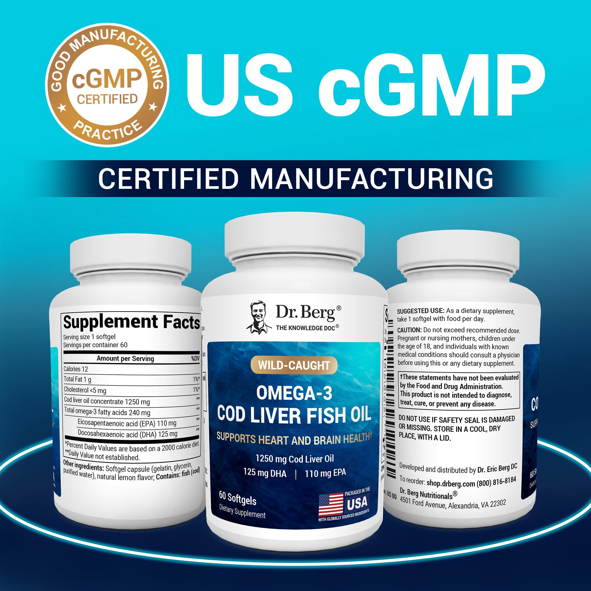1250 mg cod liver oil concentrate shown for high-potency omega-3 intake.