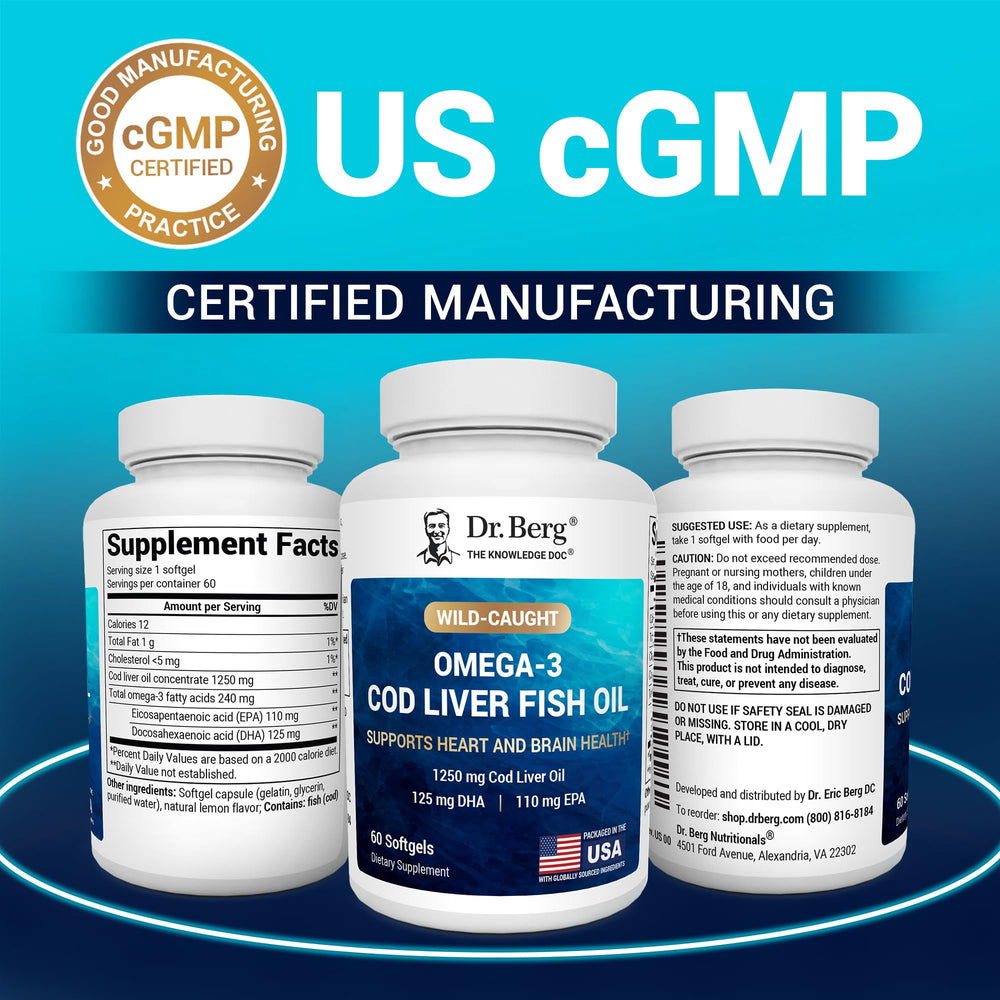 1250 mg cod liver oil concentrate shown for high-potency omega-3 intake.