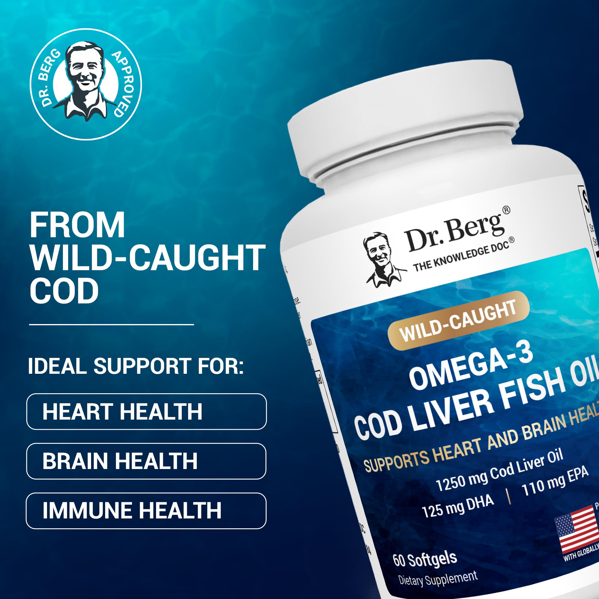 Dr. Berg lemon-flavored softgels provide mild taste while delivering EPA and DHA.