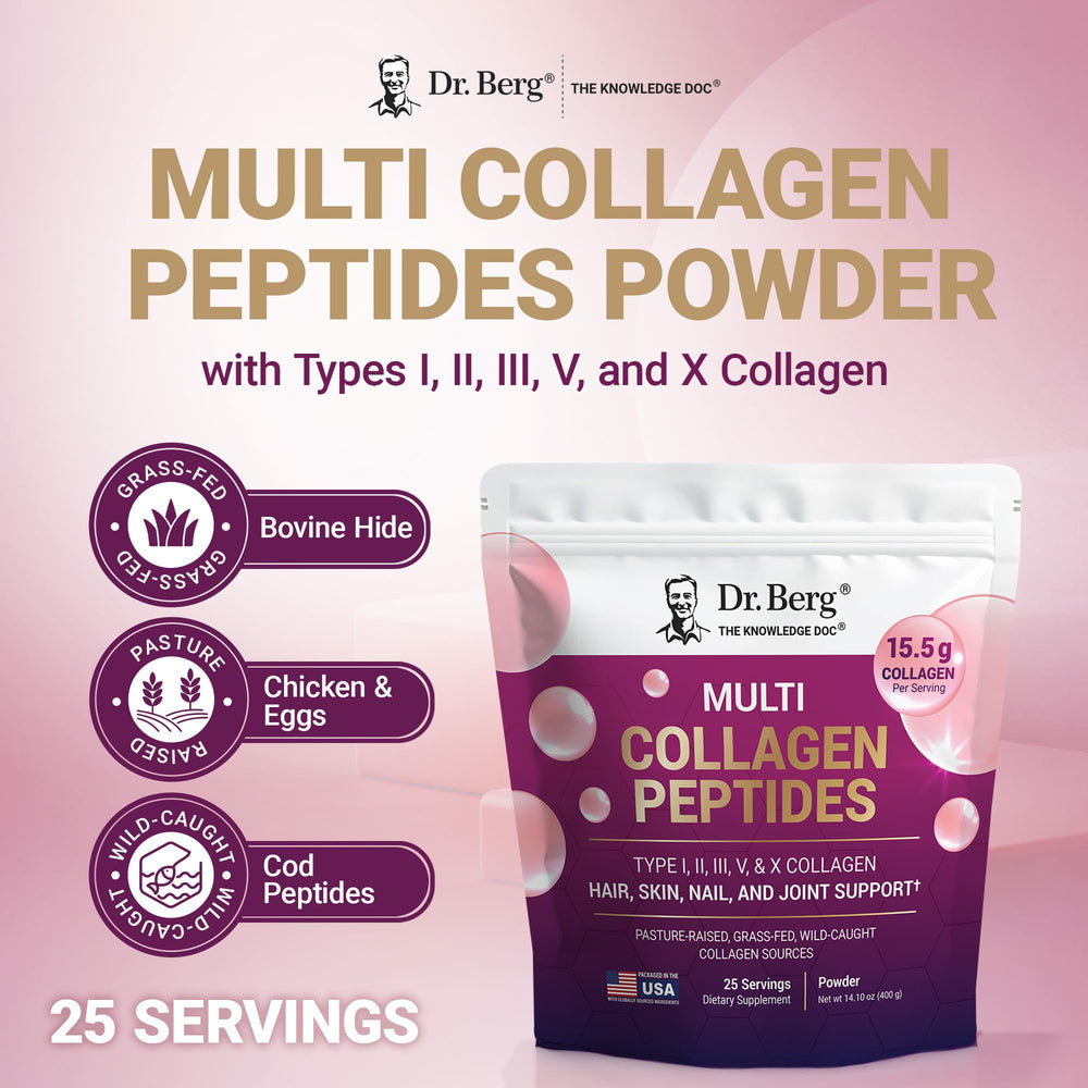 Dr. Berg Multi Collagen Peptides beverage mix in coffee or smoothie.