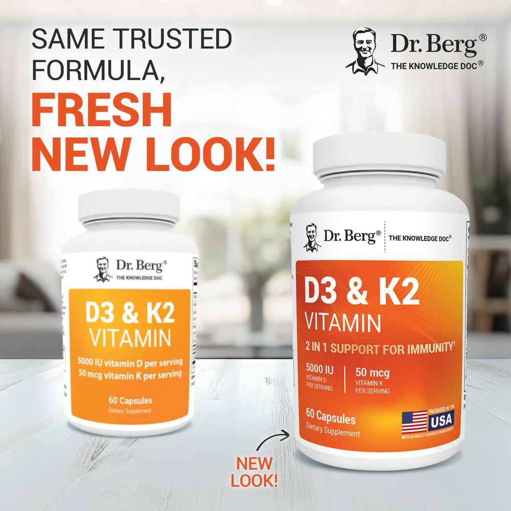 Close-up of Dr. Berg D3 K2 5000 IU bottle label highlighting MK-7